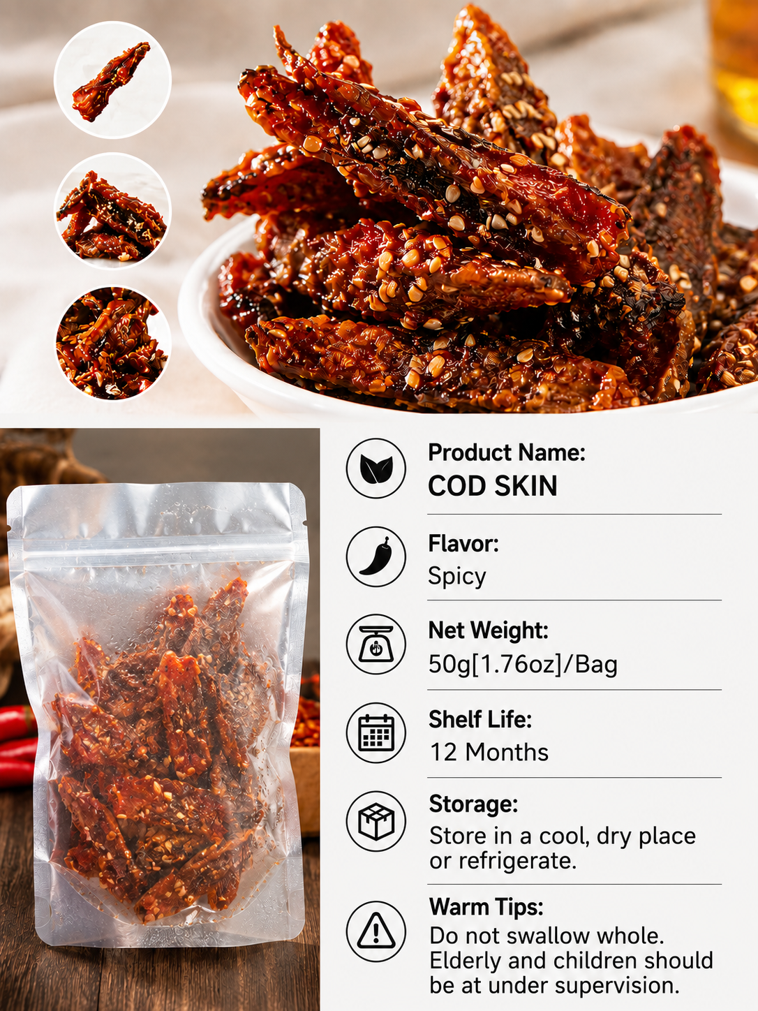 🌶️Premium Crispy Spicy Cod Skin Snack | Crunchy Seafood Chips
